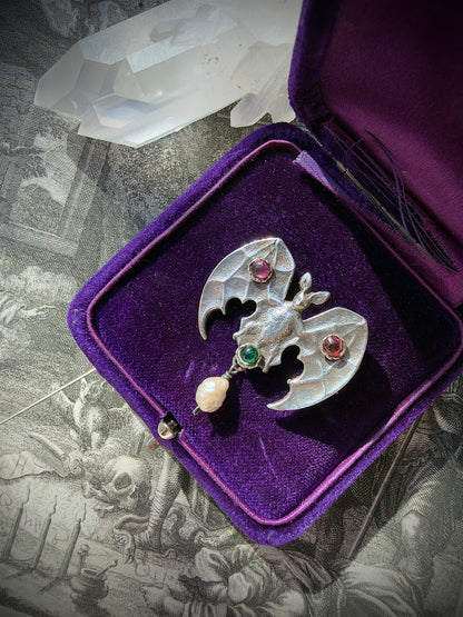 ANTIQUE • Art Nouveau Sterling Silver w/ Paste Gemstones Bat Brooch