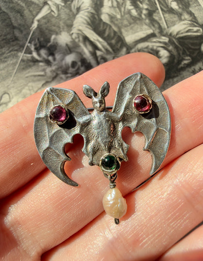 ANTIQUE • Art Nouveau Sterling Silver w/ Paste Gemstones Bat Brooch