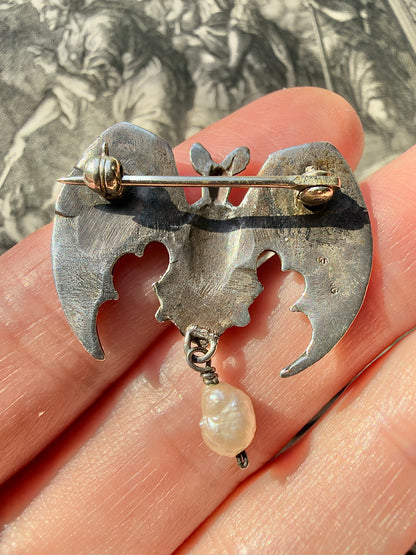 ANTIQUE • Art Nouveau Sterling Silver w/ Paste Gemstones Bat Brooch
