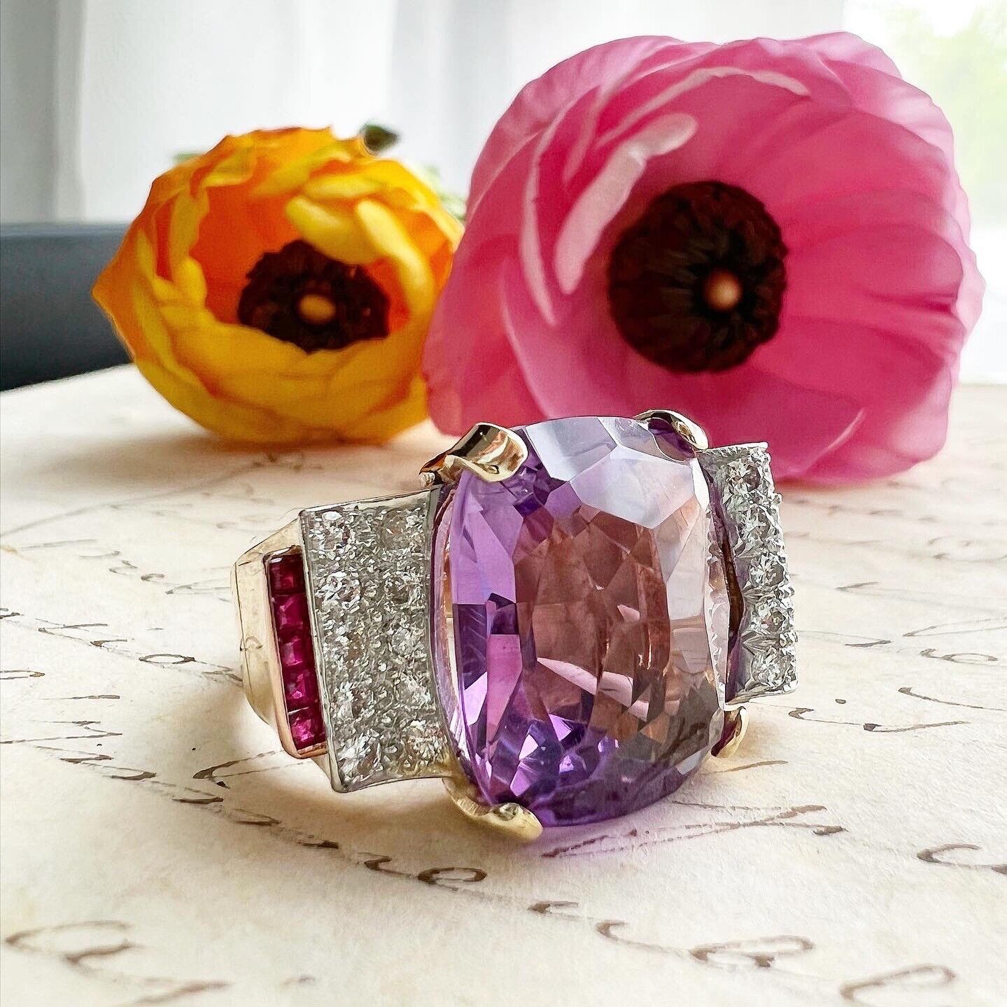 ANTIQUE • Retro 14k Gold Natural Amethyst w/ Diamond & Ruby Cocktail Tank Ring