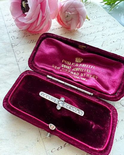 ANTIQUE • Victorian 18k & Platinum Old Rose Cut Diamond Bar Brooch Pin w/ Original Fitted Box