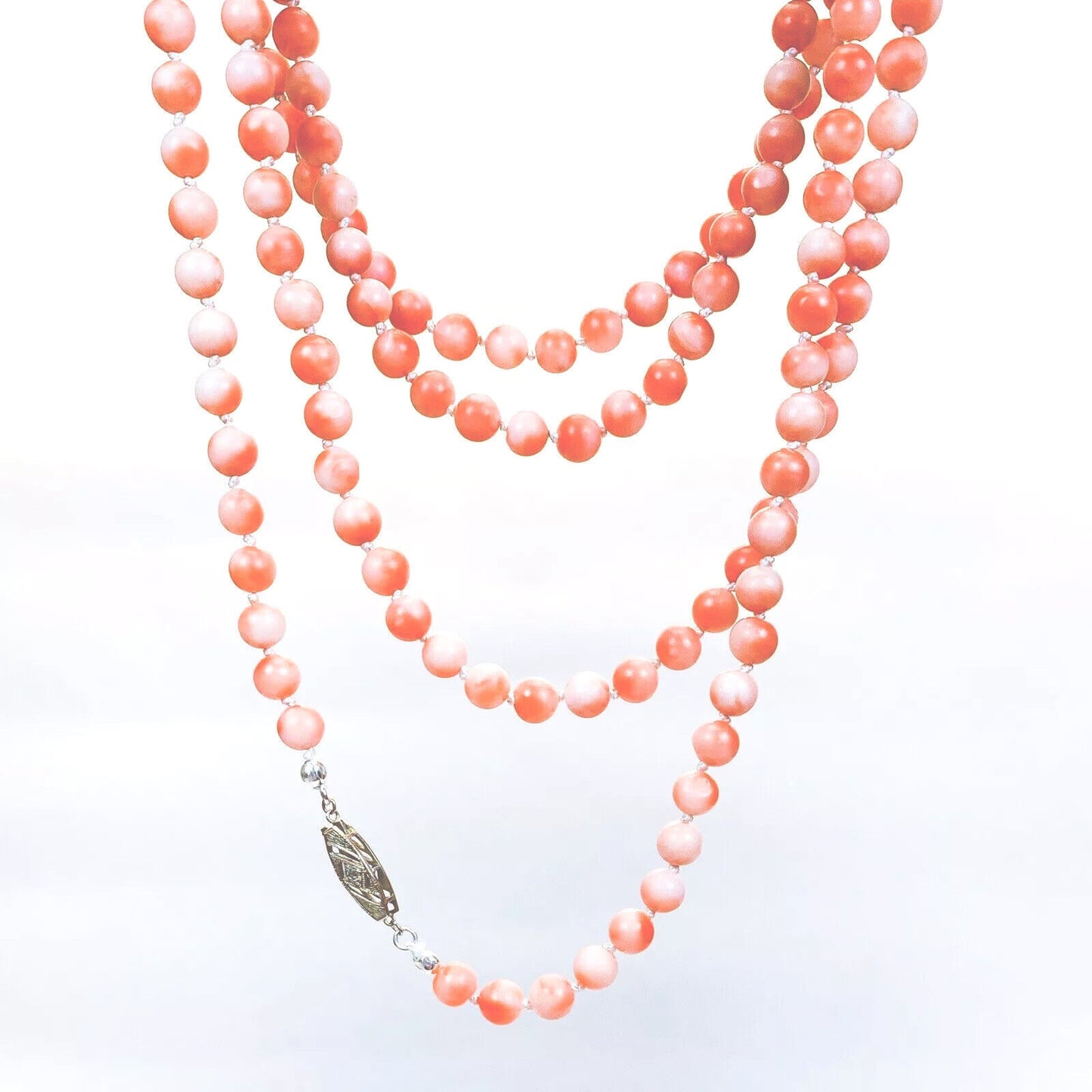 ANTIQUE • Victorian Natural Coral Bead Necklace w/ 14k White Gold Old Mine Cut Diamond Clasp