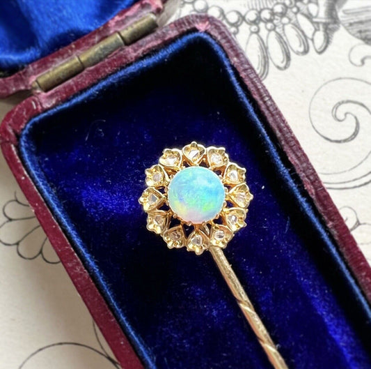 ANTIQUE • Victorian 18k Gold w/ Australian Opal & Rose Cut Diamond Stick Pin