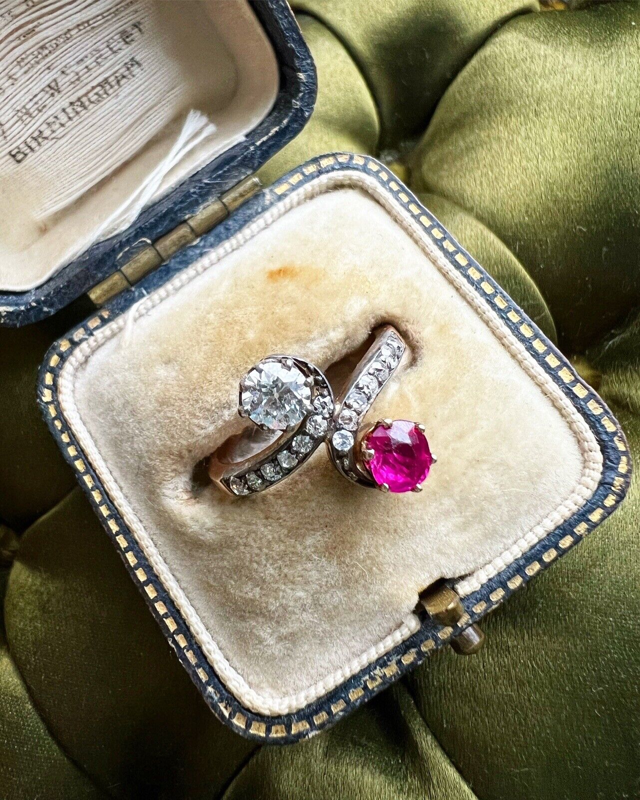 ANTIQUE • Victorian 14k Gold & Silver Old Mine Cut Diamond Ruby Toi et Moi Ring