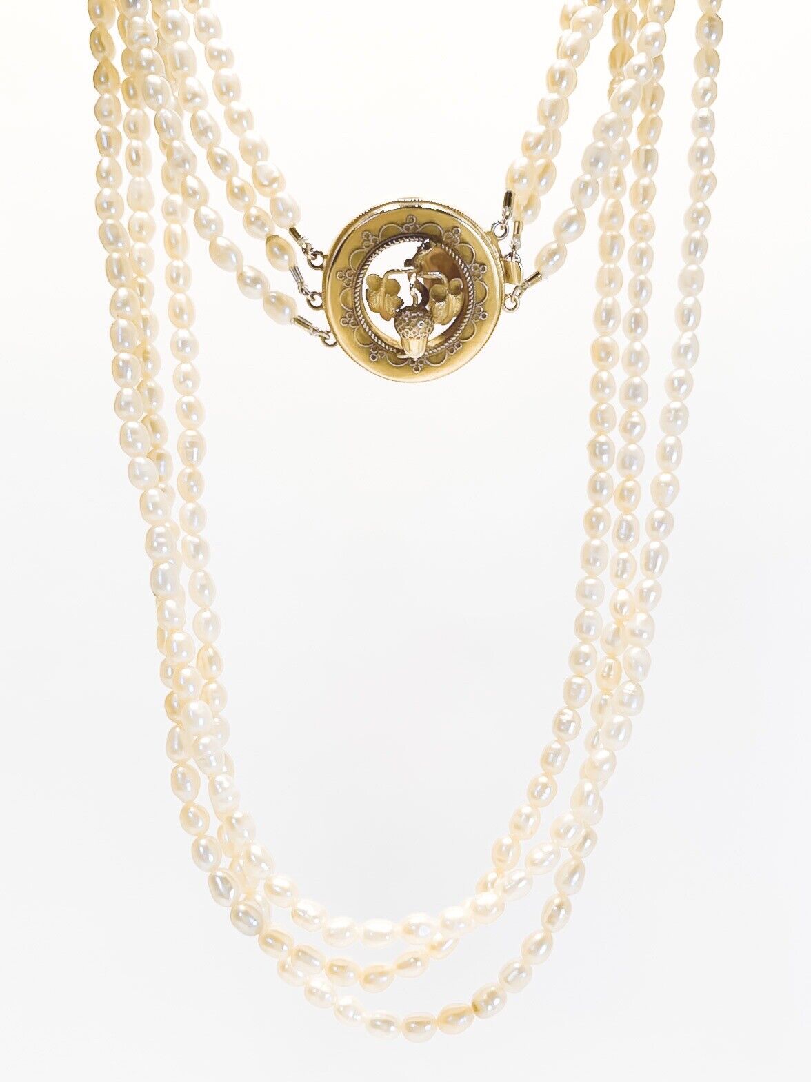 ANTIQUE • Victorian Triple Strand Freshwater Pearl Necklace w/ 14k Etruscan Style Acorn Clasp