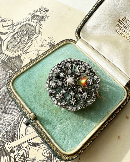 ANTIQUE • Georgian French 18k Gold w/ Silver & Old Cut Diamonds Starburst Brooch