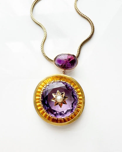 ANTIQUE • Victorian 18k Yellow Gold Amethyst w/ Seed Pearl Starbust Pendant