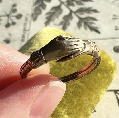 ANTIQUE • Late Georgian/Early Victorian 10k Yellow Gold Engraved Fede Gimmel Friendship Ring