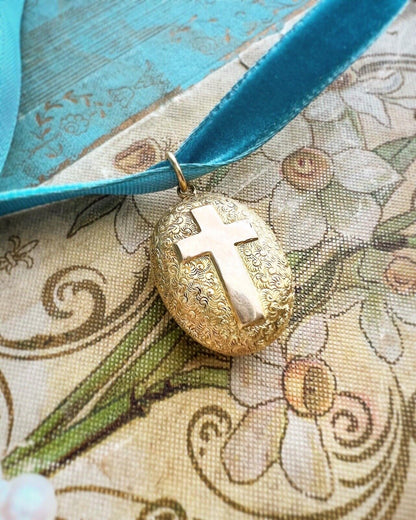 ANTIQUE • Georgian 18k Yellow Gold Chased Cross Mourning Hair Locket