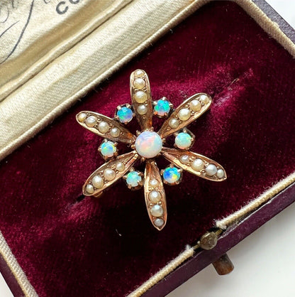 ANTIQUE • Art Nouveau 10k Gold Opal & Seed Pearl Star Flower Brooch Pendant