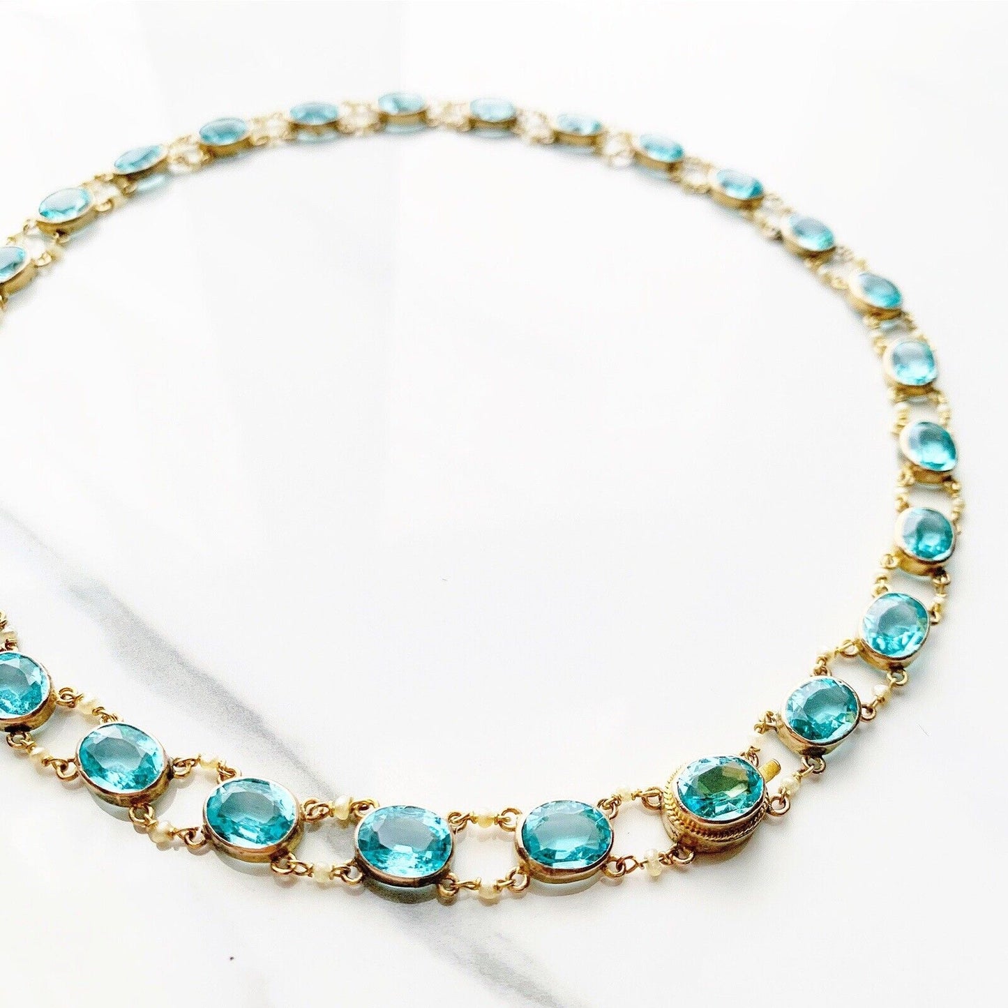 ANTIQUE • Art Nouveau 14k Gold Pearl & Aquamarine Crystal Paste Rivière Necklace