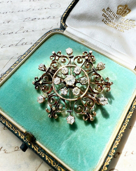 ANTIQUE • Victorian 14k Gold Old Mine Cut Diamond Snowflake Star Brooch Pendant