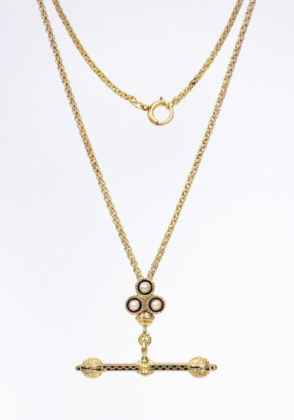 ANTIQUE • Victorian 14k Gold Taille d’Epargne Enamel Clover w/ Pearl Slide Chain & T-Bar Necklace