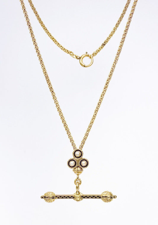 ANTIQUE • Victorian 14k Gold Taille d’Epargne Enamel Clover w/ Pearl Slide Chain & T-Bar Necklace