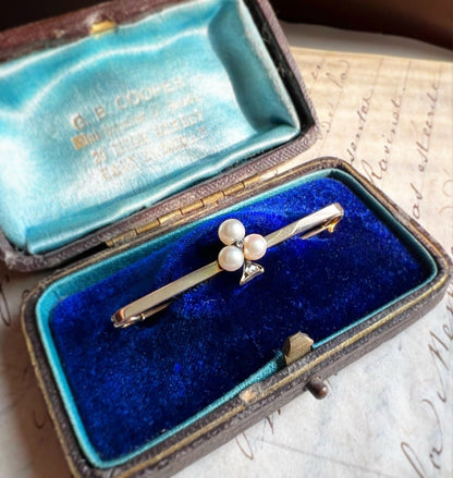 ANTIQUE • Art Deco 10k Gold w/ Sea Pearl & Rose Cut Diamond Club Bar Pin Brooch