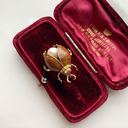 ANTIQUE • Art Nouveau 14k Gold w/ Guilloche Enamel Pearl & Ruby Eyes Beetle Bug Brooch