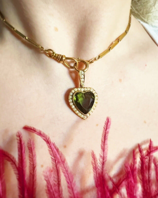 ANTIQUE • Victorian 9k Yellow Gold w/ Peridot Paste Heart & Pearl Halo Pendant