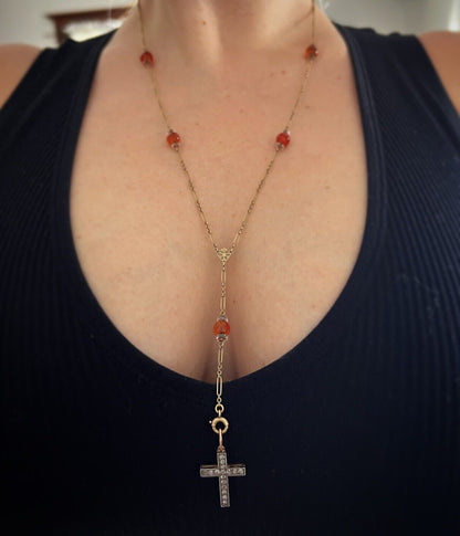 ANTIQUE • Victorian 14k Yellow Gold w/ Carnelian & Rock Crystal Lariat Necklace