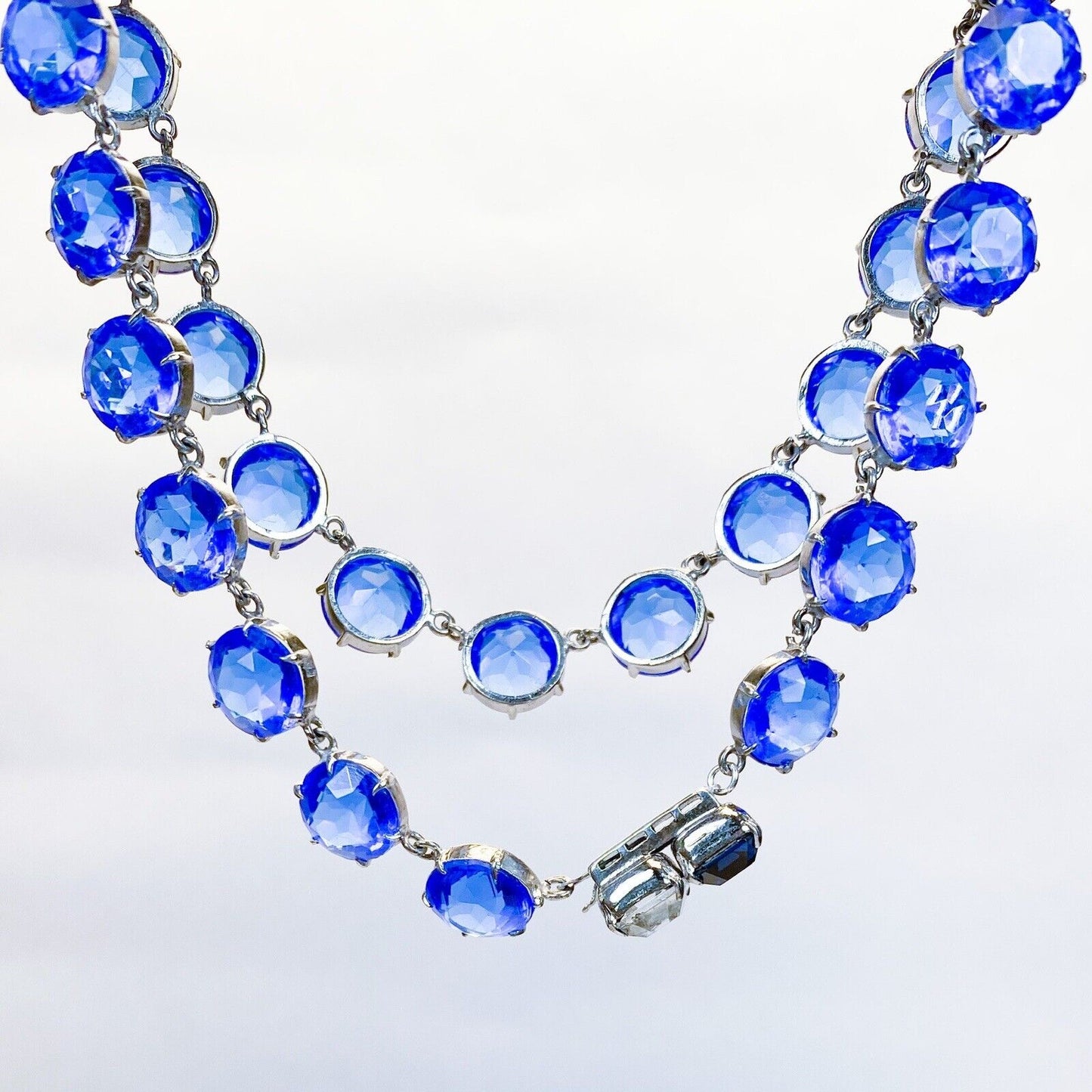 ANTIQUE • Art Deco Sterling Silver Blue Sapphire Crystal Paste Rivière Necklace