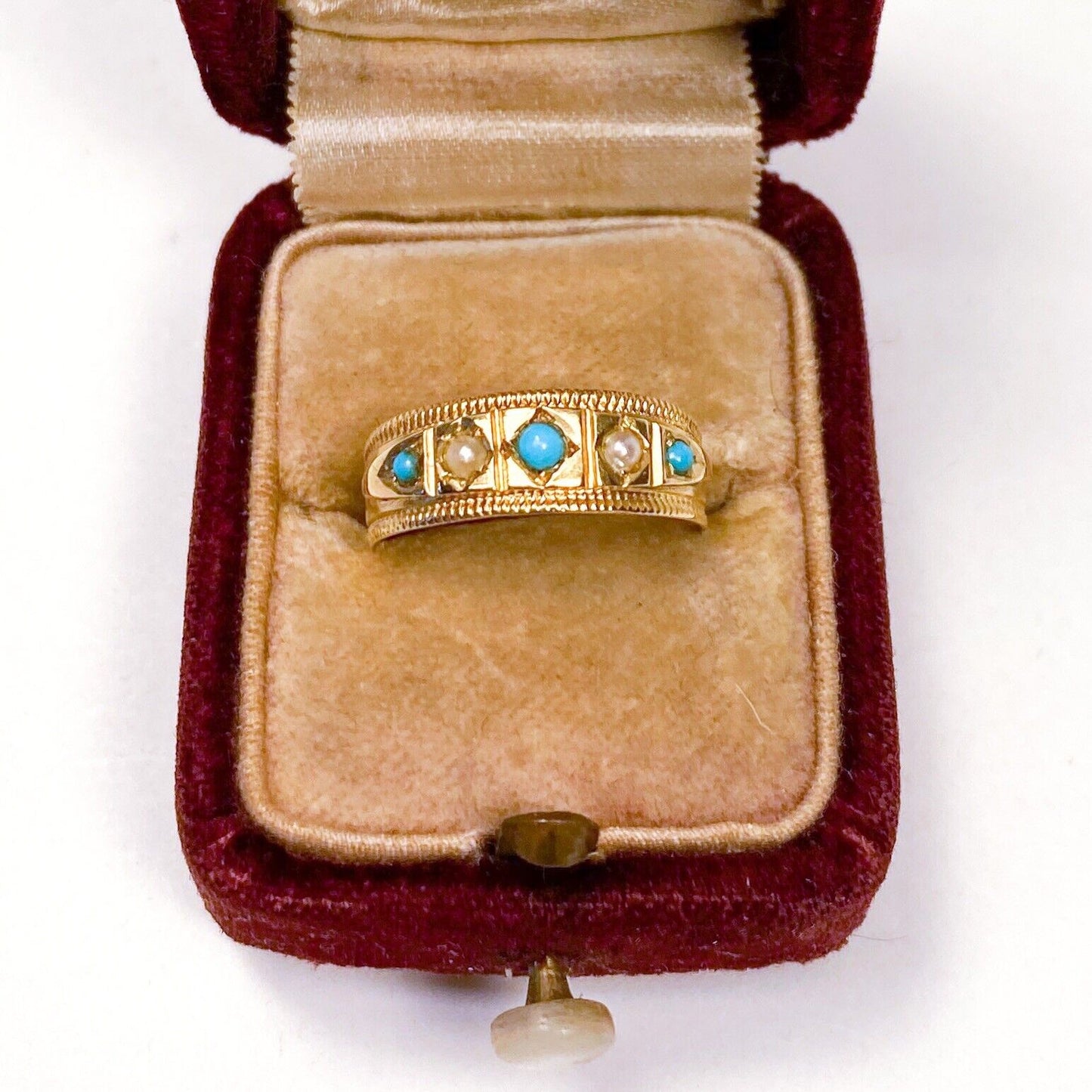 ANTIQUE • Victorian 15k Yellow Gold w/ Turquoise & Seed Pearl Band Ring