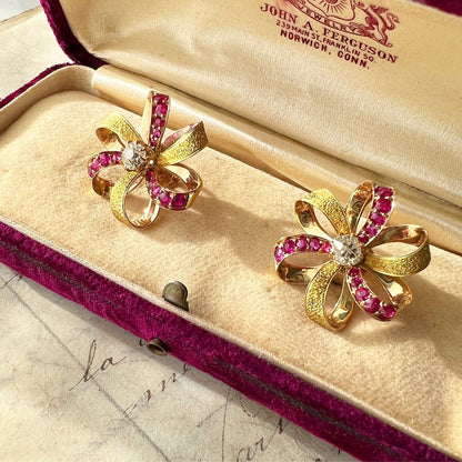 ANTIQUE • Retro 18k Yellow Gold w/ Rubies & Old Mine Cut Diamonds Bow Earrings