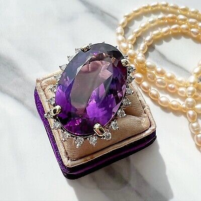 ANTIQUE • Retro 14k Gold Natural Siberian Amethyst & Diamond Halo Cocktail Ring