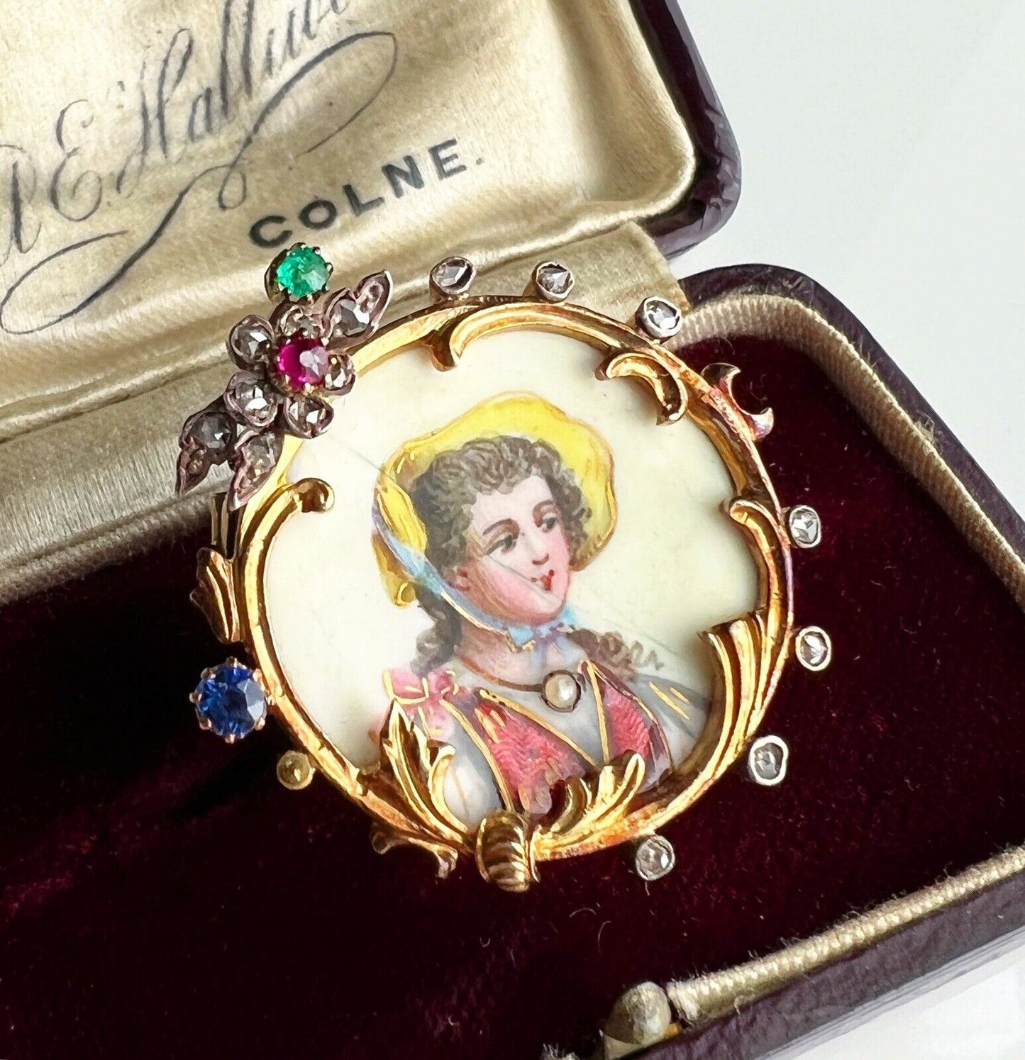 ANTIQUE • Victorian 14k Gold & Silver Gem-Set Framed Enamel Portrait Brooch