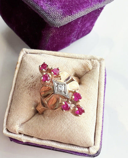 ANTIQUE • Art Deco 14k Rose Gold w/ Diamond & Rubies Cocktail Ring Sz. 4