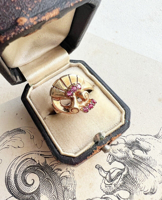 ANTIQUE • Art Nouveau 10k Yellow Gold & Ruby Fan Cocktail Ring Sz. 5.5