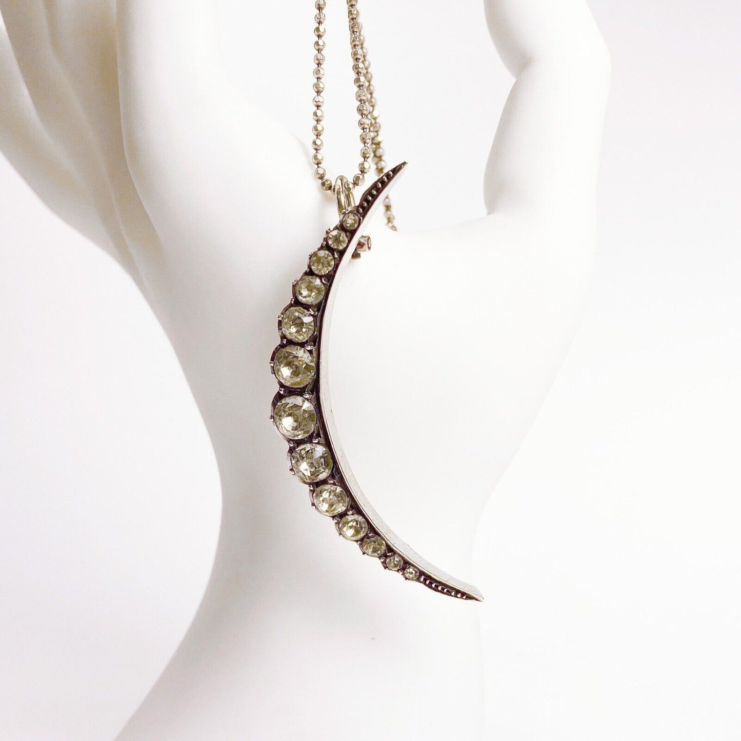 ANTIQUE • Victorian Sterling Silver Closed Back Diamond Crystal Paste Crescent Moon Pendant