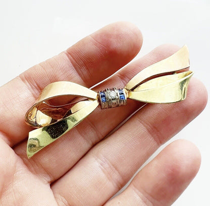 ANTIQUE • Retro 14k Tri-Tone Gold w/Sapphires & Diamond Bow Brooch