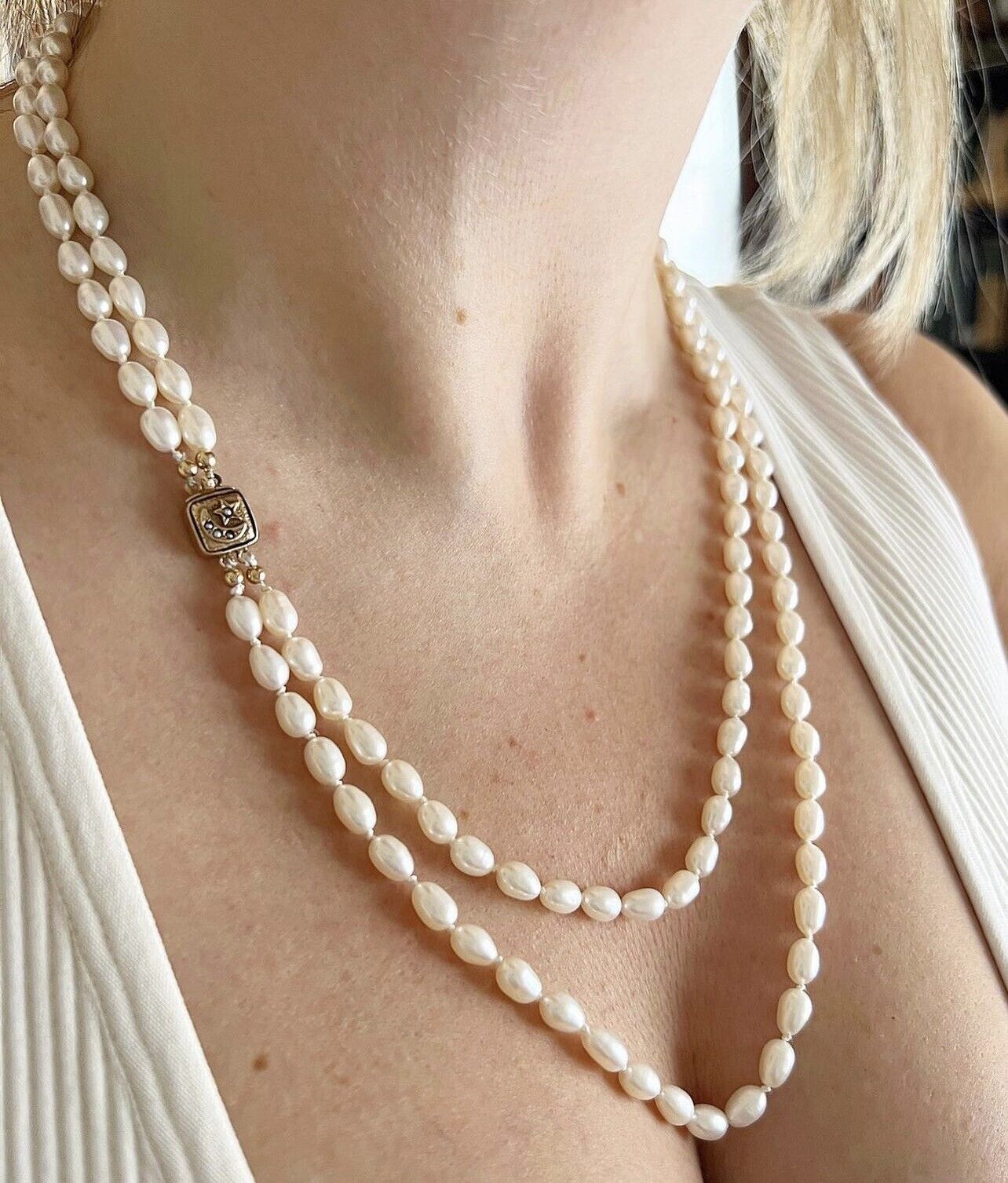 ANTIQUE • Victorian Double Strand Pearl Necklace w/ 14k Star & Crescent Clasp