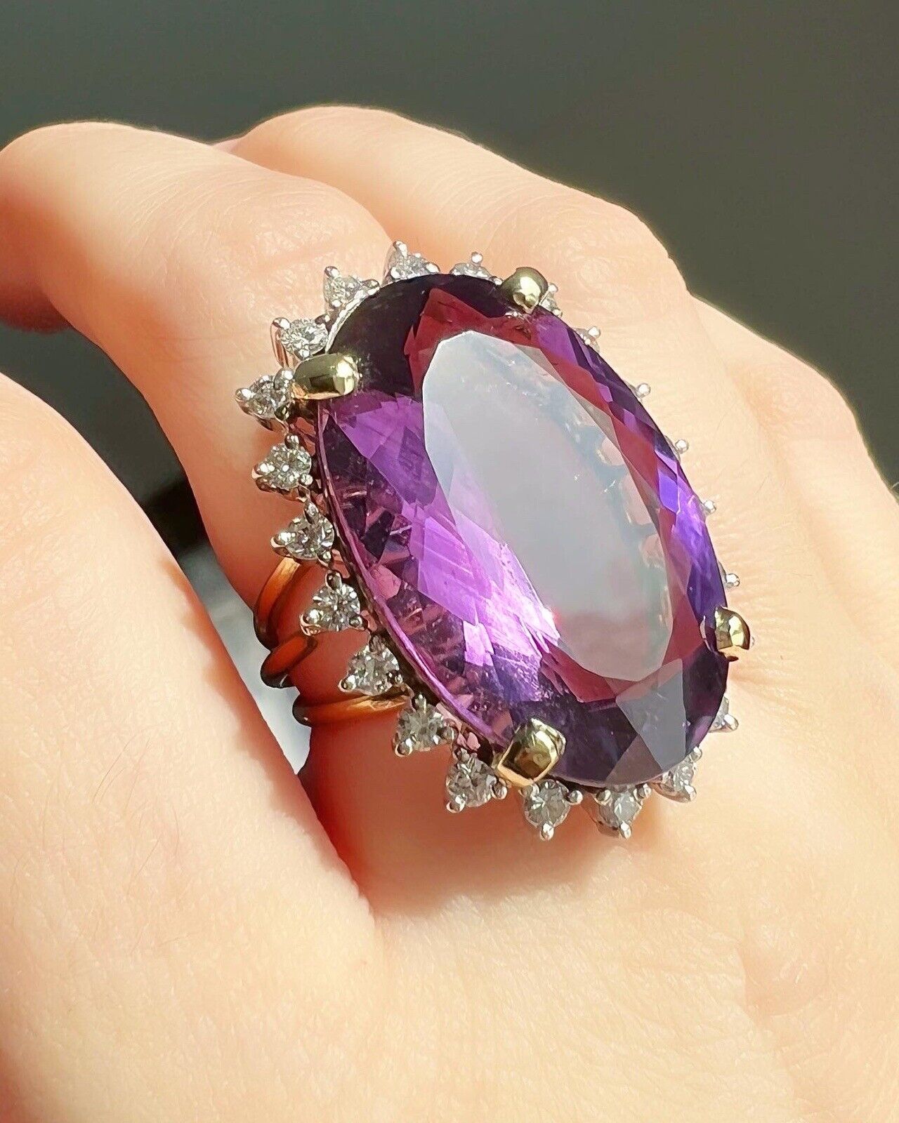 ANTIQUE • Retro 14k Gold Natural Siberian Amethyst & Diamond Halo Cocktail Ring