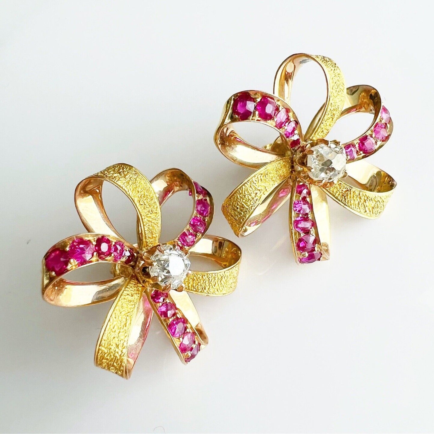 ANTIQUE • Retro 18k Yellow Gold w/ Rubies & Old Mine Cut Diamonds Bow Earrings