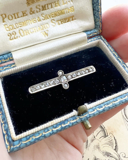 ANTIQUE • Victorian 18k & Platinum Old Rose Cut Diamond Bar Brooch Pin w/ Original Fitted Box