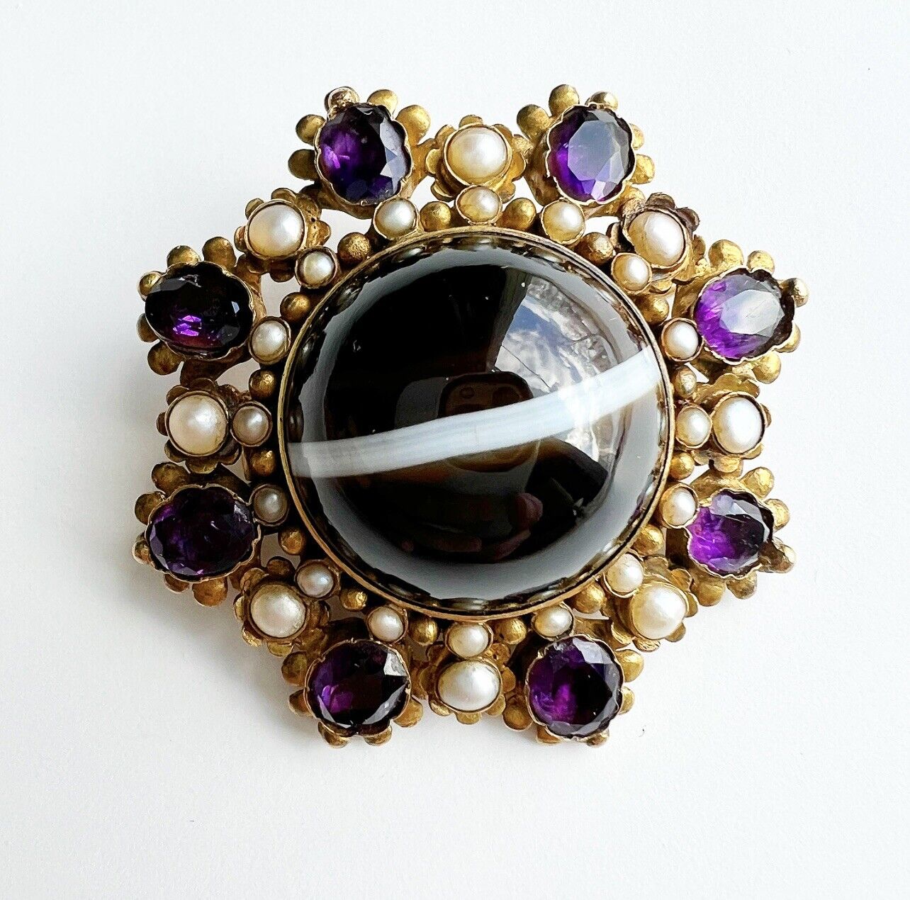 ANTIQUE • Georgian 15k Yellow Gold Banded Agate w/ Sea Pearl & Amethyst Brooch