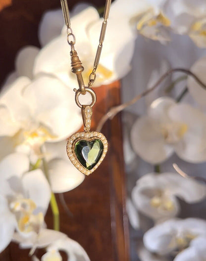 ANTIQUE • Victorian 9k Yellow Gold w/ Peridot Paste Heart & Pearl Halo Pendant