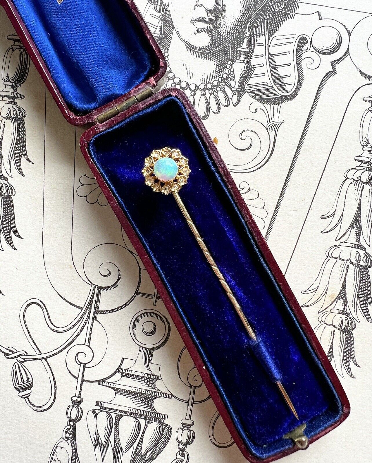 ANTIQUE • Victorian 18k Gold w/ Australian Opal & Rose Cut Diamond Stick Pin