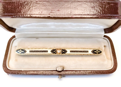 ANTIQUE • Victorian 14k Yellow Gold Taille d’Epargne Enamel & Pearl Bar Brooch