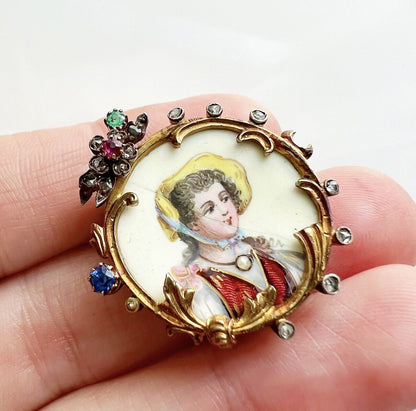 ANTIQUE • Victorian 14k Gold & Silver Gem-Set Framed Enamel Portrait Brooch