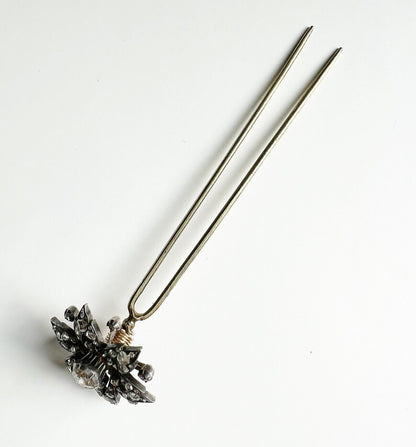 ANTIQUE • Victorian 14k Gold & Silver w/ Rose Cut Diamonds En Tremblant Flower Hair Pin