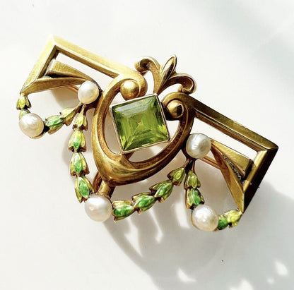 ANTIQUE • Art Nouveau Whiteside & Blank Co. 14k Gold Enamel w/ Peridot & Sea Pearl Brooch Pendant