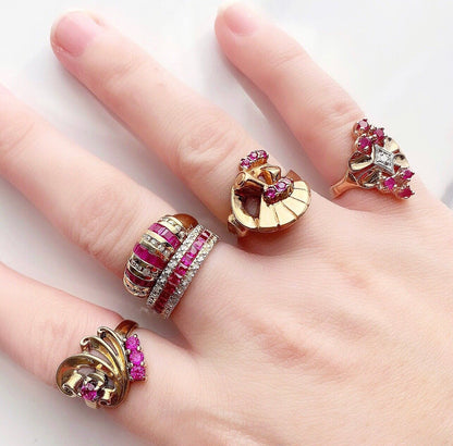 ANTIQUE • Art Nouveau 10k Yellow Gold & Ruby Fan Cocktail Ring Sz. 5.5