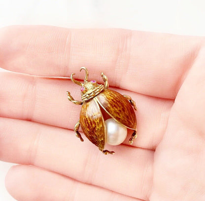 ANTIQUE • Art Nouveau 14k Gold w/ Guilloche Enamel Pearl & Ruby Eyes Beetle Bug Brooch