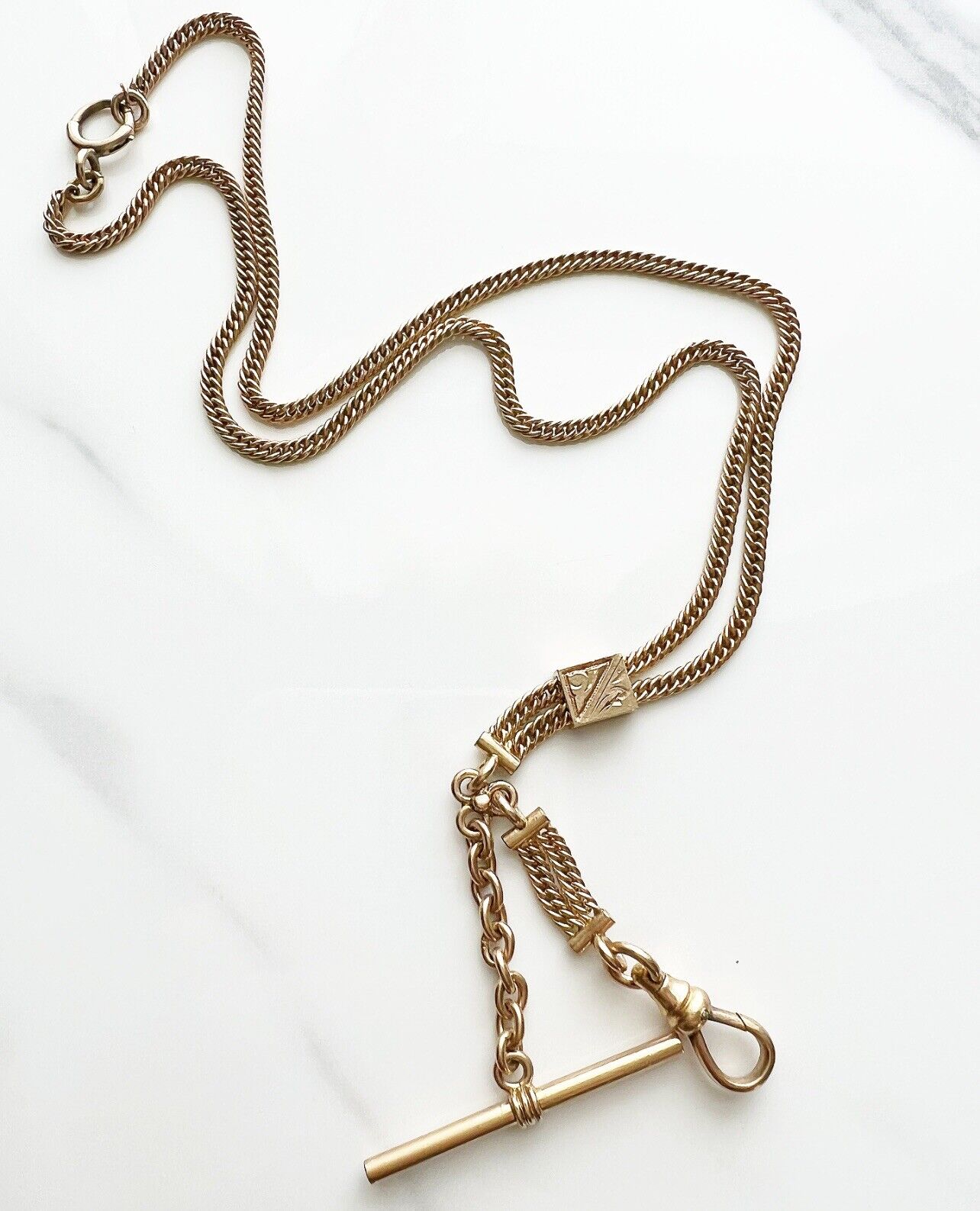 ANTIQUE • Victorian 10k Gold Double Curb Watch Chain Necklace w/ Dog Clip & Tbar