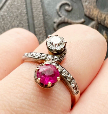 ANTIQUE • Victorian 14k Gold & Silver Old Mine Cut Diamond Ruby Toi et Moi Ring