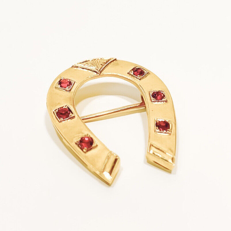 ANTIQUE • Victorian 10k Yellow Gold w/ Paste Garnet Horseshoe Brooch