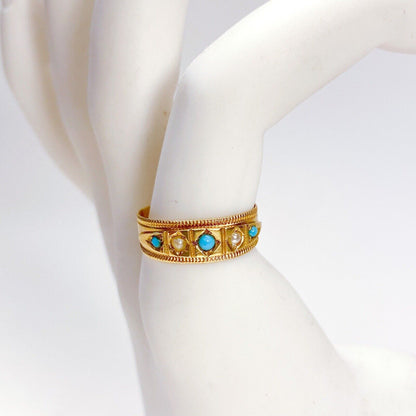 ANTIQUE • Victorian 15k Yellow Gold w/ Turquoise & Seed Pearl Band Ring