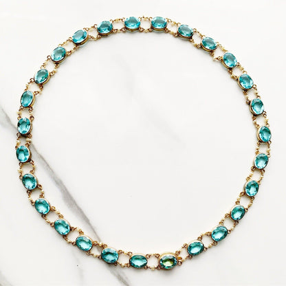 ANTIQUE • Art Nouveau 14k Gold Pearl & Aquamarine Crystal Paste Rivière Necklace