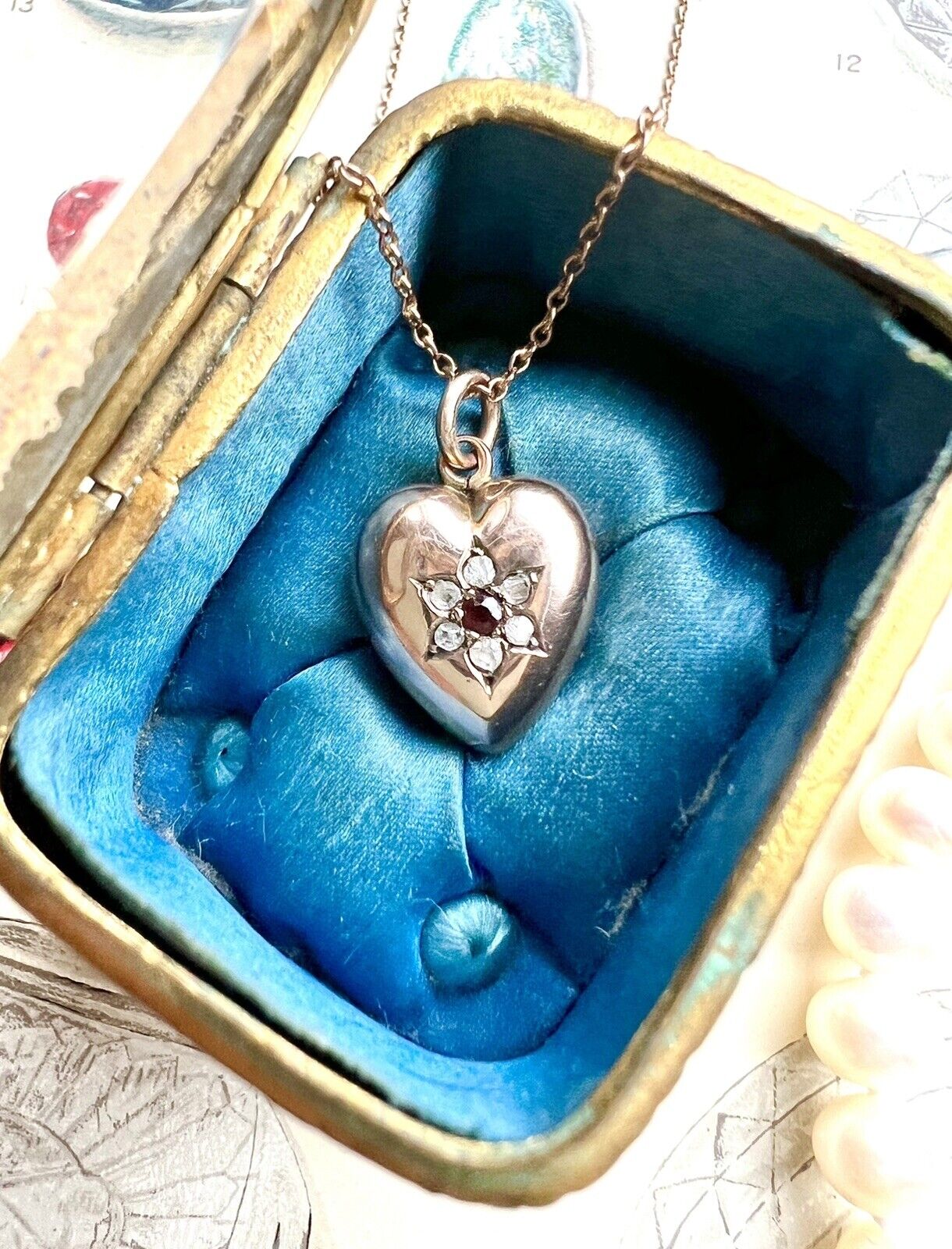 ANTIQUE • Victorian 9ct Rose Gold w/ Rose Cut Diamond Garnet Heart Charm & Chain